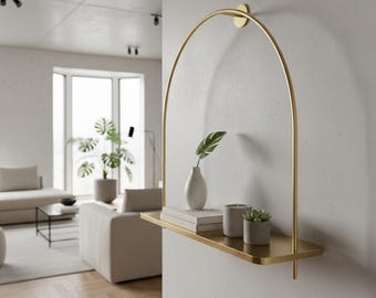 Minimalist Gold Brass Arch Wall Shelf - Modern Floating Bathroom Storage - Luxury Vanity Organizer