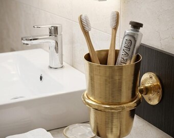 Soporte de latón macizo para cepillos de dientes de pared - Vaso de baño dorado de estilo industrial - Organizador de latón sin lacar hecho a mano - Decoración de estilo vintage