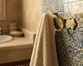 Vintage Moroccan Brass Towel Rack - Ornate Hand-Engraved Wall Hook for Bathroom - Antique Style Double Hanger Decor