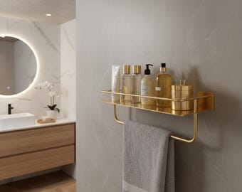 Brushed Gold Bathroom Shelf with Towel Bar - Modern Wall Mounted Metal Organizer - Minimalist Luxury Bathroom Decor