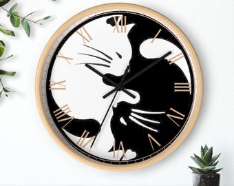 Yin Yang Cat Wall Clock, Modern Home Decor, Silent Timepiece