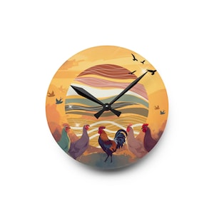 Reloj de pared acrílico con diseño de gallo al amanecer / Decoración rústica, temporizador de cocina, adorno colorido para el hogar, regalo para amantes de las gallinas, arte de pared bohemio