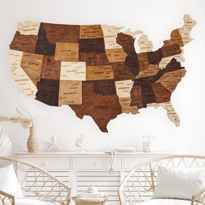 Mapa de pared de madera de EE. UU.: mapa de viaje en capas 3D hecho a mano para la decoración de la oficina en casa, regalo perfecto para viajeros, decoración de apartamentos y inauguración de la casa