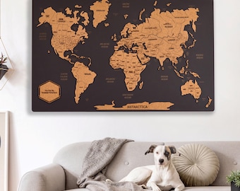 Mapa del mundo 3D de corcho para pared, planificador de viajes de madera, decoración personalizada con chinchetas.