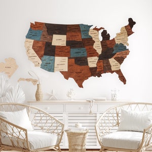 Apartamn Dekor USA Karte, Holzkarte US Reisekarte, Pinnwandkarte der USA, Trendy Holzwandkunst, Geschenk zum 5