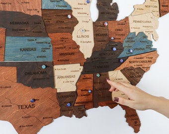 Wooden USA Travel Map, Push Pin Wall Art, Anniversary Gift