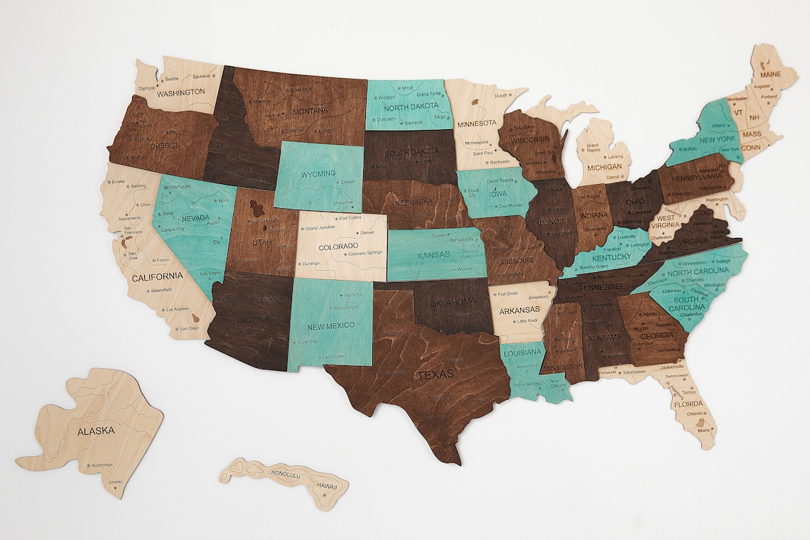 US Travel Map, 3D Layered Map, Wood Map of United States, Apartment ...
