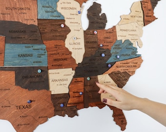 Mapa USA z drewnianymi pinezkami: dekoracja ścienna z drewna brzozowego