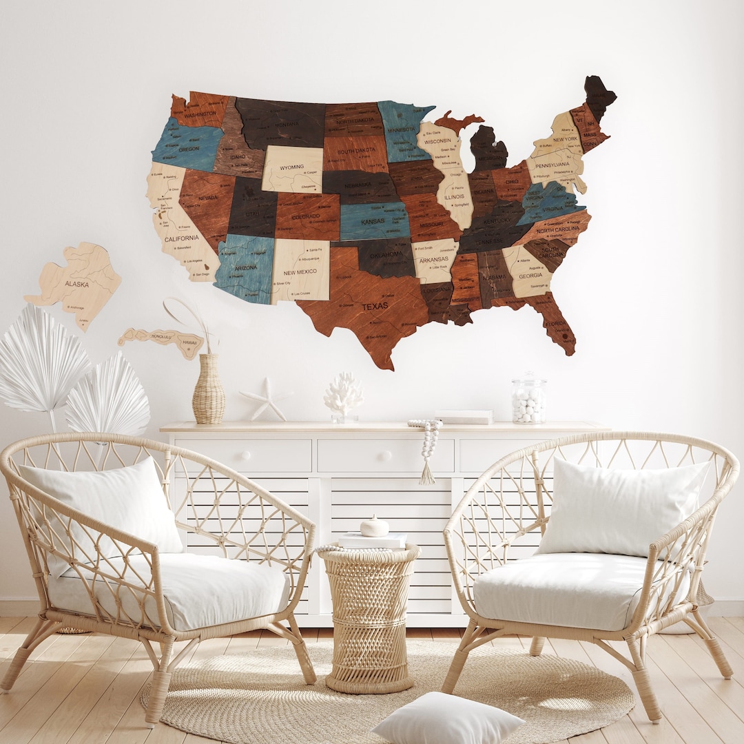 US Travel Map, Push Pin Map, Wood Map of United States, Apartment Decor ...
