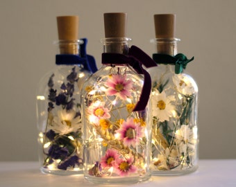 Botellas LED de flores secas.