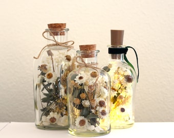 Dried Flowers Bottles -- Eucalyptus Daisy White Green