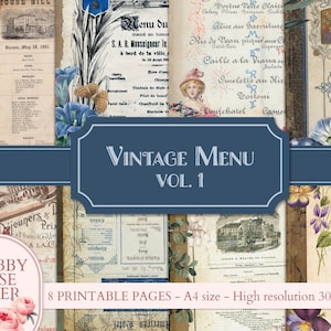 Papel de collage digital de menú vintage, efímera botánica, fondo de textura vintage, efímera de flores de diario basura, diario scrapbooking bricolaje