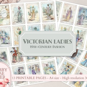 Tarjetas imprimibles vintage de damas victorianas, papel digital, ilustraciones de moda francesa de diario basura, diario de collage scrapbooking bricolaje