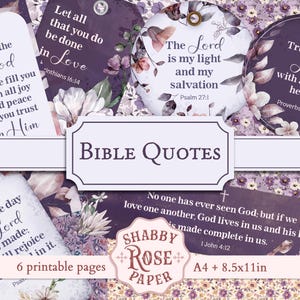 Inspirerende bijbelcitaten, verzen en gebeden. Tags en bladwijzers kunnen worden afgedrukt. Violette en paarse bloemen botanisch. Christian Junk Journaling