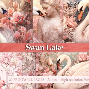 Pages Fantasy Pink Swan Junk Journal, cygne rose et beige collage vintage IMPRIMABLES, kit de téléchargement numérique de scrapbooking, papier de journal