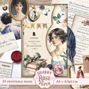 Kit de folio imprimible de Jane Austen, efímeras vintage, citas ilustradas, manualidades de diario basura, kit de papel para manualidades y diarios con papel