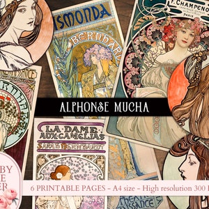 Alphonse Mucha, Vintage paper, Art Nouveau, Vintage Ladies, Junk Journal ephemera, Digital Paper, Art decor, Collage Journal Scrapbooking