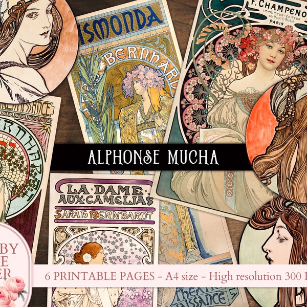 Alphonse Mucha, Vintage Papier, Jugendstil, Vintage Damen, Junk Journal Ephemera, Digitales Papier, Kunst Dekor, Collage Journal Scrapbooking