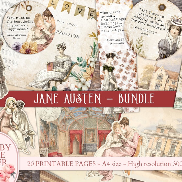 LOT de 20 pages. Jane Austen cite des éphémères vintage. Orgueil et préjugés Pages indésirables du journal. Illustration éphémère victorienne. IMPRIMABLE