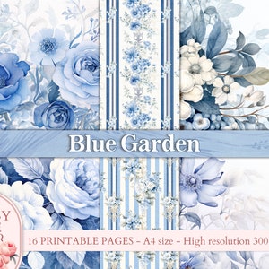 Pagine del diario spazzatura botanica fiori blu, collage del giardino incantato vittoriano PRINTABLES Scrapbooking Digital Download Kit Journal carta