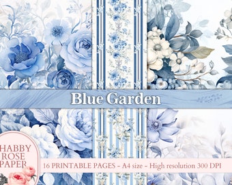 Blue Flowers Botanical Junk Journal pages, Victorian Enchanted Garden collage PRINTABLES Scrapbooking Digital Download Kit Journal paper