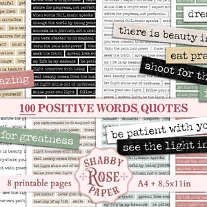 Palabras y citas para diario basura imprimibles vintage, palabras positivas, kit de descarga digital, páginas de diario, rosa, verde, amarillo, álbum de recortes