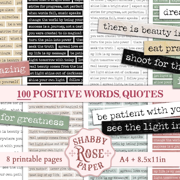 Vintage printable Junk Journaling Words and Quotes, Positive words, Digital Download Kit, Journal Pages, Pink, green, yellow, Scrapbooking