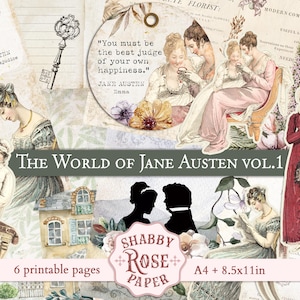 Jane Austen citazioni effimere d'epoca. Orgoglio e pregiudizio Pagine di diario spazzatura. Effimere vittoriane inglesi Illustrazioni di moda stampabili