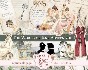 May include: A digital collage featuring images related to Jane Austen's novels. The collage includes quotes from her books, illustrations of women in period clothing, and a title card that reads "The World of Jane Austen Vol. 1". The collage is designed for printing on 6 pages, each measuring 8.5 x 11 inches.