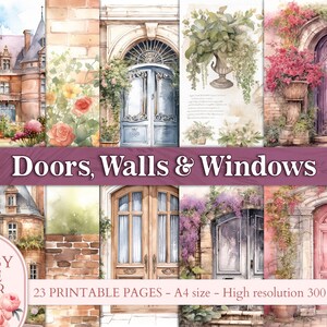 May include: A set of 23 printable digital papers featuring watercolour illustrations of doors, walls, and windows in a shabby chic style. The papers are perfect for scrapbooking, card making, and other craft projects.