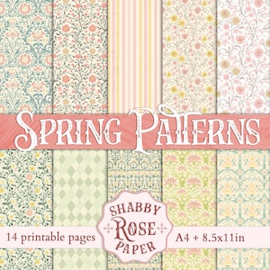 Motif printanier vintage, cartes de pages de journal floral pastel pastel, papier numérique shabby chic pour collage, scrapbooking, travaux manuels imprimables