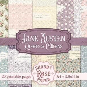Jane Austen Printables Quotes Patterns, Pagine di diario vintage floreali, Carta digitale shabby chic per collage, scrapbooking, artigianato fai da te