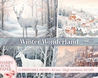 May include: A digital paper pack with 12 printable pages featuring a winter wonderland theme. The images include a snowy forest with a white deer, a village of houses covered in snow, and a castle in a snowy mountain landscape. The text "Winter Wonderland" and "12 Printable Pages - A4 size - High resolution 300 DPI" is included in the image.