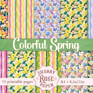 Motif floral printanier coloré, cartes de pages de journal indésirable fleurs, papier numérique shabby chic pour collage, scrapbooking, travaux manuels imprimables