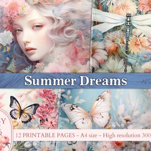 Sommer Junk Journal Seiten, Schmetterlinge und Blumen collage PRINTABLES, Schmetterling Scrapbooking, Digital Download Kit, Journal Papier Set