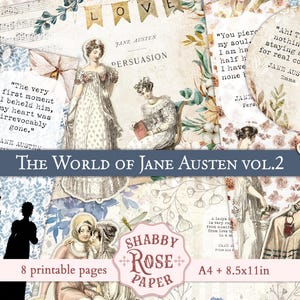 Citas de Jane Austen, efímeras antiguas. Páginas de diario basura de Emma Orgullo y prejuicio. Ilustraciones de moda victorianas inglesas efímeras para imprimir