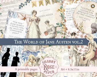 Jane Austen quotes vintage ephemera. Pride and Prejudice Emma Junk journal pages. English Victorian ephemera fashion Illustrations Printable