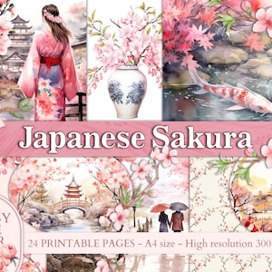 Pages japonaises du journal indésirable printanier Sakura Cherry Blossom, collage enchanté rose à imprimer, kit de téléchargement numérique pour scrapbooking