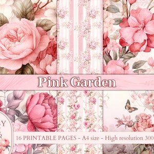 Pink Flowers Botanical Junk Journal pages, Victorian Enchanted Garden collage PRINTABLES Scrapbooking Digital Download Kit Journal paper