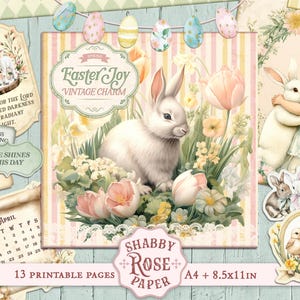 Könnte beinhalten: Ein digitaler Druckpaket mit 13 Seiten im Oster-Design. Die Designs zeigen ein weißes Kaninchen, pastellrosa und gelbe Blumen, einen Kalender und ein Mädchen, das ein weißes Kaninchen hält. Der Text "Faster Joy Vintage Charm" ist auf einer der Seiten zu sehen.