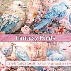 Páginas de Junk Journal de Fantasy Birds, colagem de pássaros encantados em azul e rosa PRINTABLES, kit de download digital de scrapbooking, papel de diário