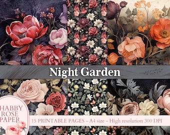Night Botanical Flowers Junk Journal pages, Moody Enchanted Garden collage PRINTABLES Scrapbooking Digital Download Kit Journal paper