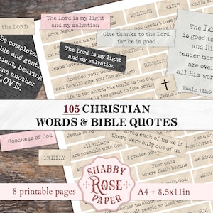 Christian Junk Journaling-woorden en inspirerende bijbelcitaten. Afdrukbare kit met positieve woorden. Christelijke planner Stickers Scrapbooking