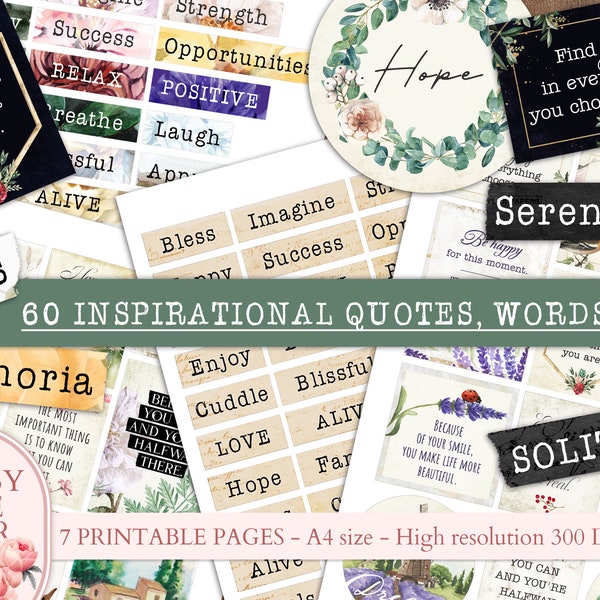 Junk Journaling Positive Words and Quotes. Vintage Journal Paper. Positive words set. DIGITAL PAPER. Journal Pages, Ephemera, Scrapbooking