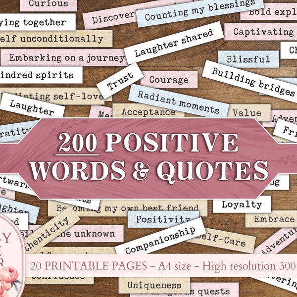 Vintage printable Junk Journaling Words and Quotes, Positive words, Digital Download Kit, Journal Pages, Pink, green, yellow, Scrapbooking