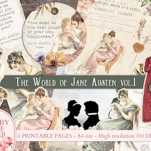 Jane Austen quotes vintage ephemera. Pride and Prejudice Junk journal pages. English Victorian ephemera fashion Illustrations Printable