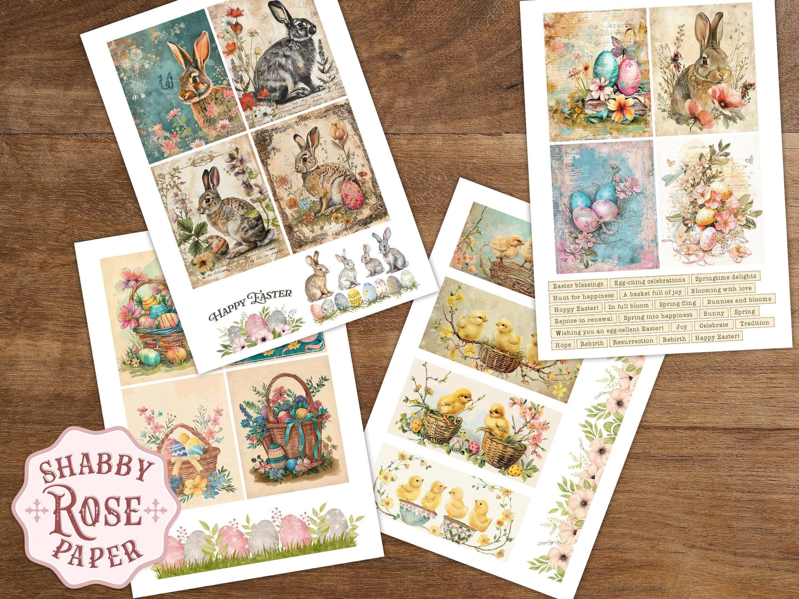Vintage Easter Bunny Junk Journal Pages Cards Collage, Words Quotes ...