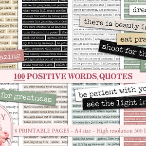 Vintage printable Junk Journaling Words and Quotes, Positive words, Digital Download Kit, Journal Pages, Pink, green, yellow, Scrapbooking