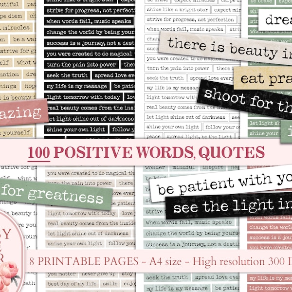 Vintage printable Junk Journaling Words and Quotes, Positive words, Digital Download Kit, Journal Pages, Pink, green, yellow, Scrapbooking