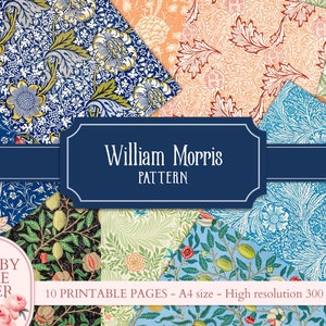 May include: Ten printable pages of William Morris patterns, featuring floral designs in blue, green, and orange. The patterns are perfect for crafting, scrapbooking, and other creative projects.